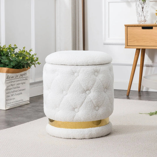 White/Pink Round-Shape Chair Teddy Velvet Makeup Stool Footstool with Storage Space Applicable to Living Room Bedroom Dresser